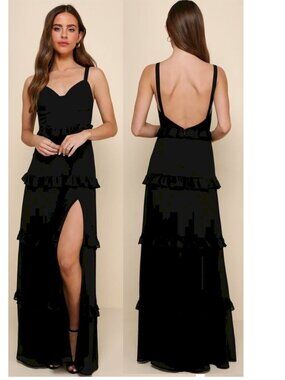 Lulus Sincerely Poised Black Backless Bustier Tiered Maxi Dress Size Medium New